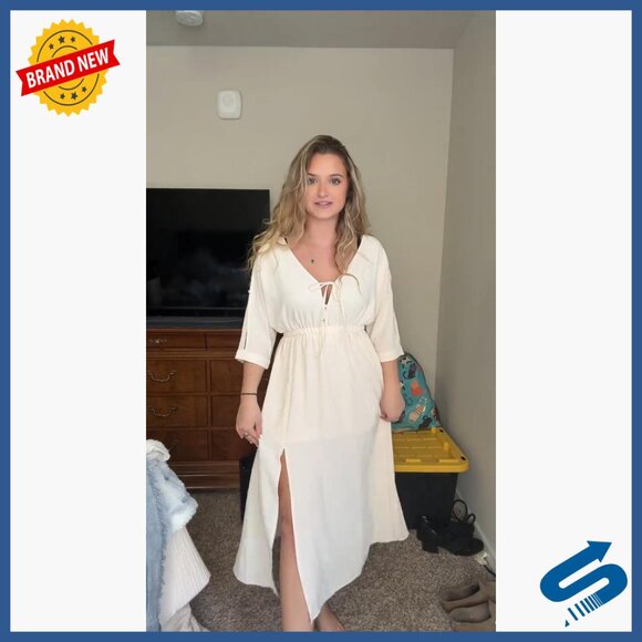 V-Neck Batwing Sleeve Midi Dress with Pockets, Flowy Polyester Casual Wear - Picture 7 of 7